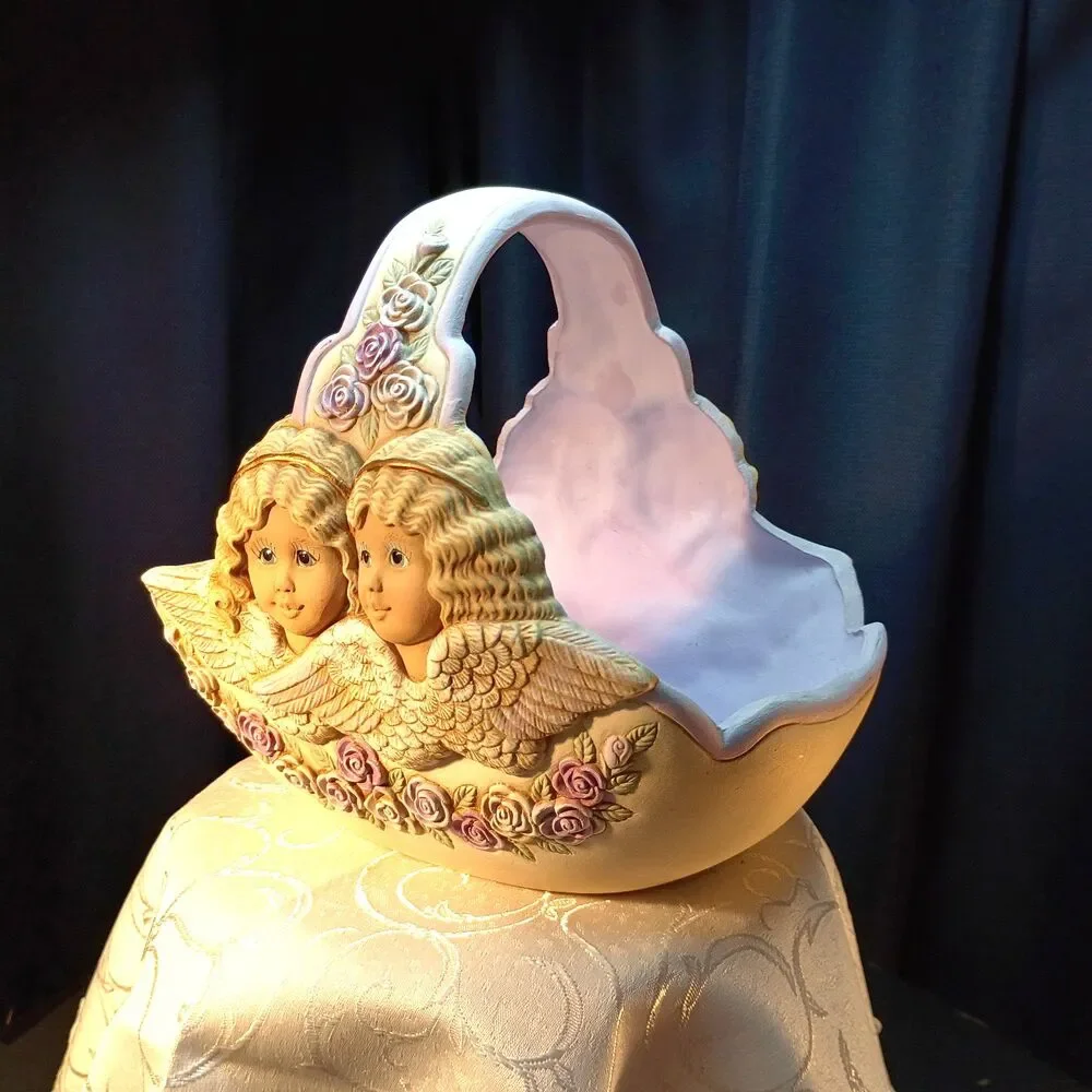 Vtg Ceramic Basket, Romantic Cherubs Angels, Purple Feminine Victorian Decor
